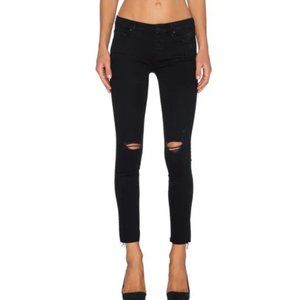 MOTHER Looker Ankle Fray Ankle Jean in Guilty as Sin (Black Frayed Skinny Jeans)